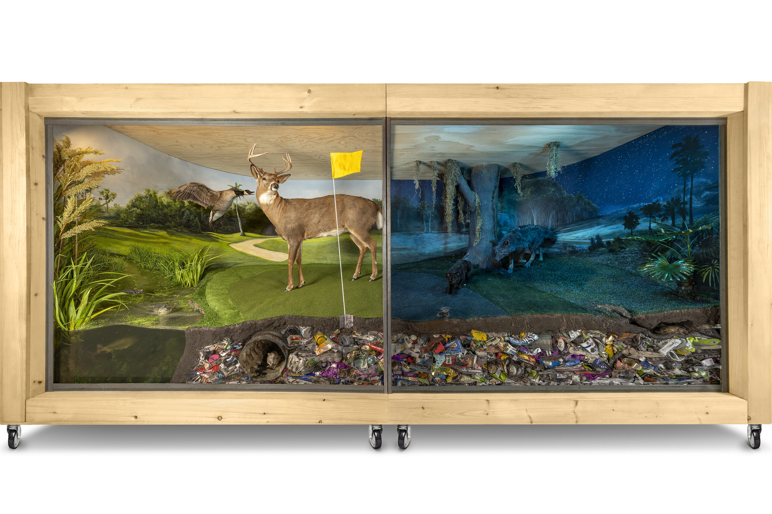 Mark Dion and Alexis Rockman (with Aaron Delehanty, Loud Cow Studio), American Landscape, 2022, mixed-media diorama with taxidermy, found objects, and painted background, 96 inches x 16 feet x 87 inches. Courtesy the artists and American Federation of Arts