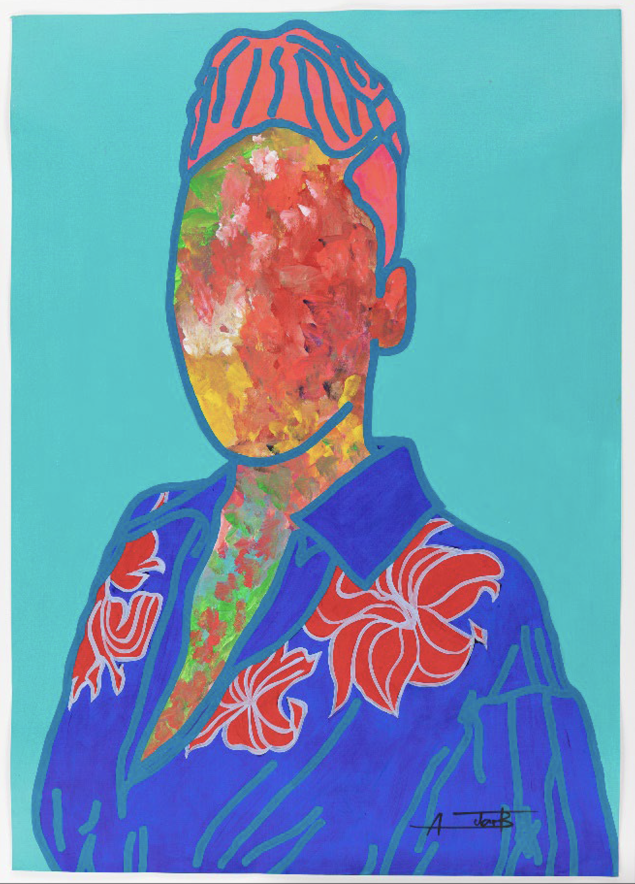 Brightly colored figure of a woman on an aqua background wearing a purple shirt with red flowers and faceless skin of yellow and red