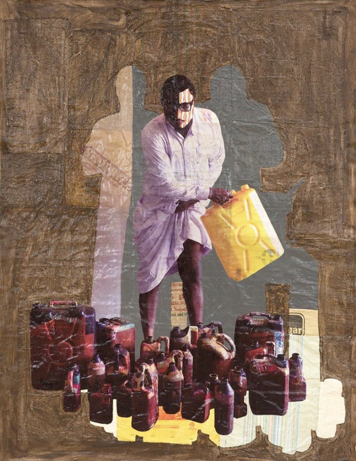 Mixed media images of a man in a purple robe with a yellow jerry can