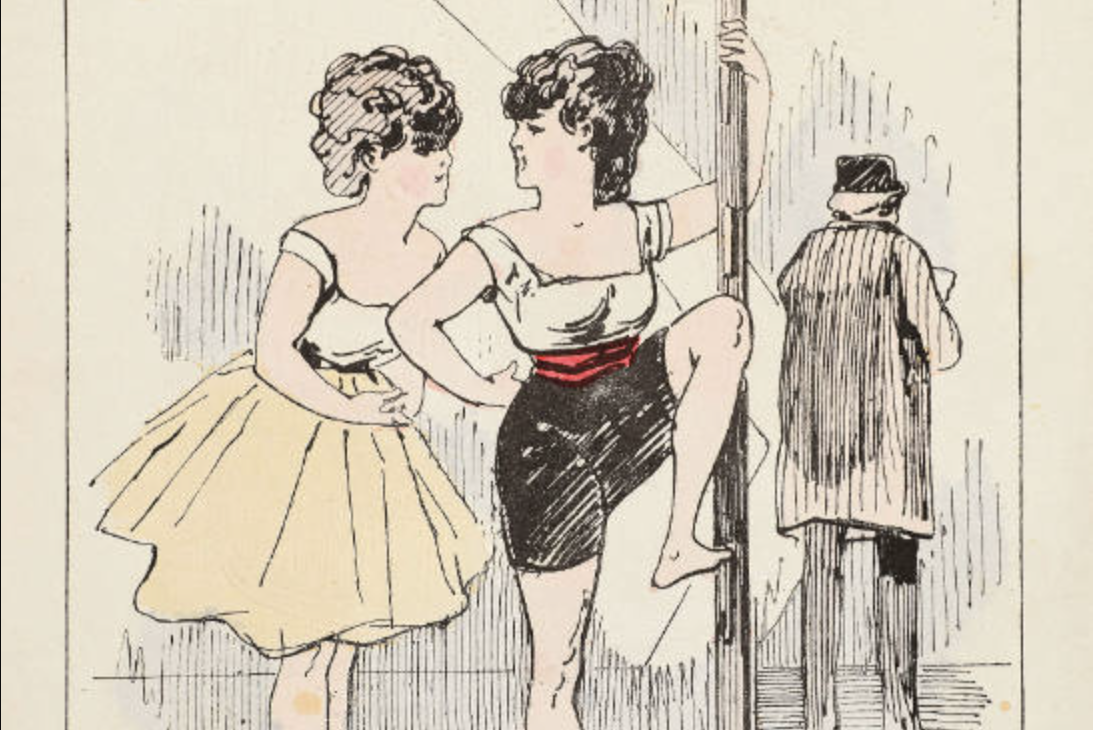 1870s periodical with two women in dance clothes standing next to a bar