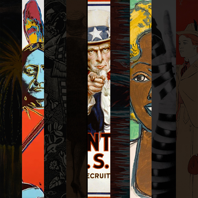 Collage of artworks with some panels blacked out