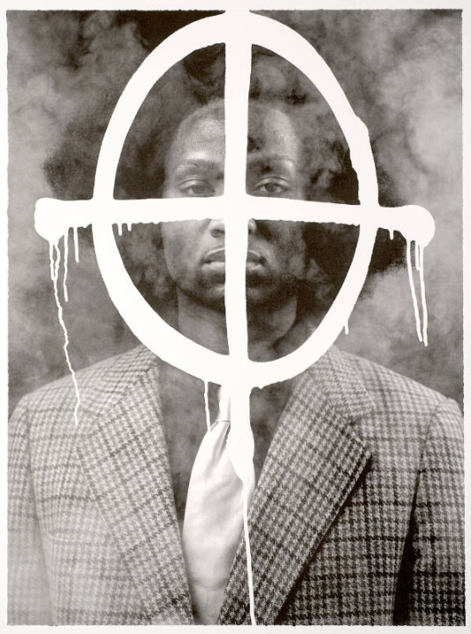 Black and white photo of a Black man in a suit and white tie obscured by fog with a dripping white circle and plus sign as a target over his face
