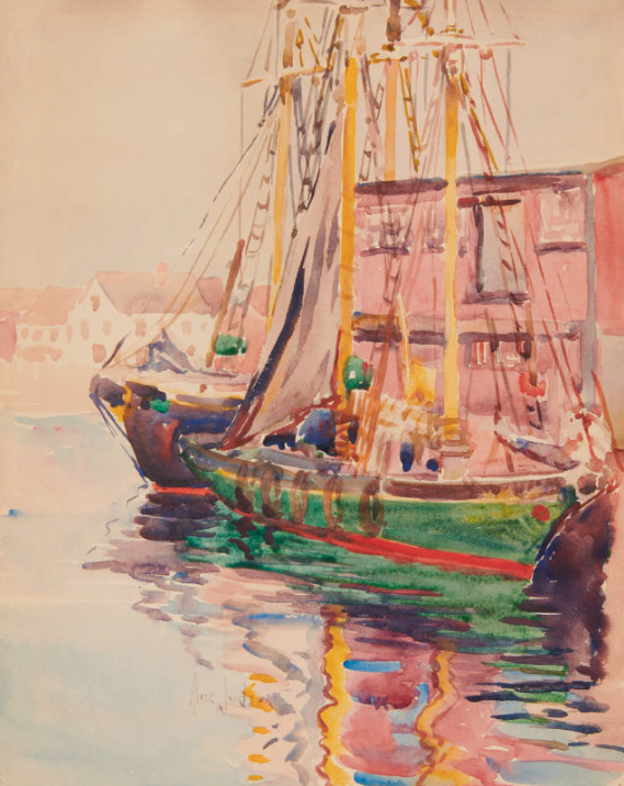 Vibrant and colorful watercolor painting of a green boat with a red stripe in a pink-tinged sunset