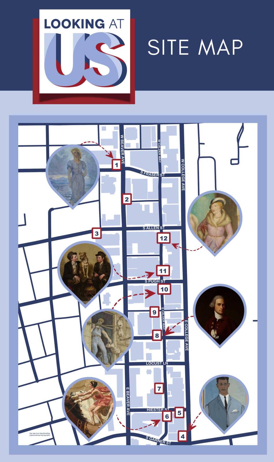 Map with blowups of artworks from a walking tour in State College, PA