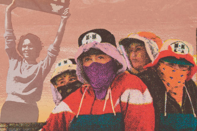 Detail of a screenprint of a group of women in colorful coats, masks, hoods/hats, and teal aprons with a ghosted image of another woman behind them with arms up holding a protest sign. The phrases, “Homenaje a Dolores Huerta: 1965,” “Women’s Work is Never done,” and “California Broccoli Harvest: 1995” are written in gray at the left, bottom, and right margins.