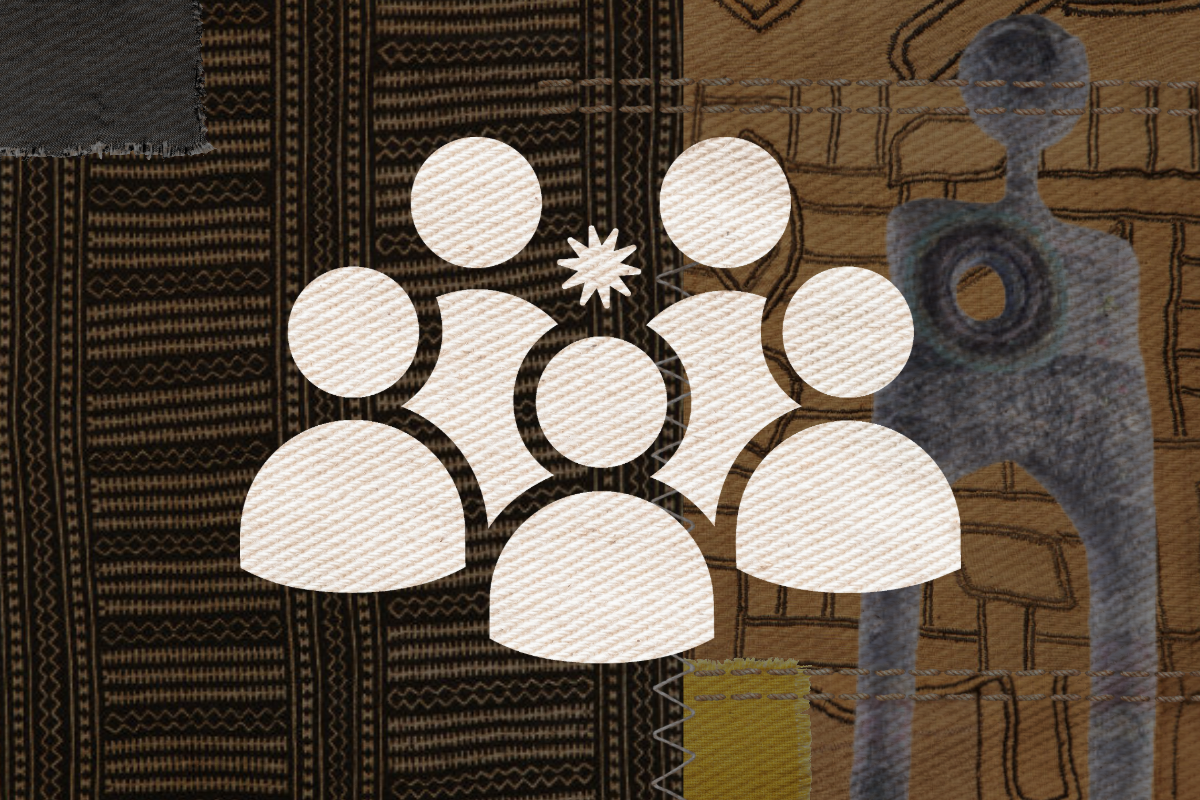 Graphic of a group of figures where the middle figure has a star on their head with a darkened underlay of textile fabrics.