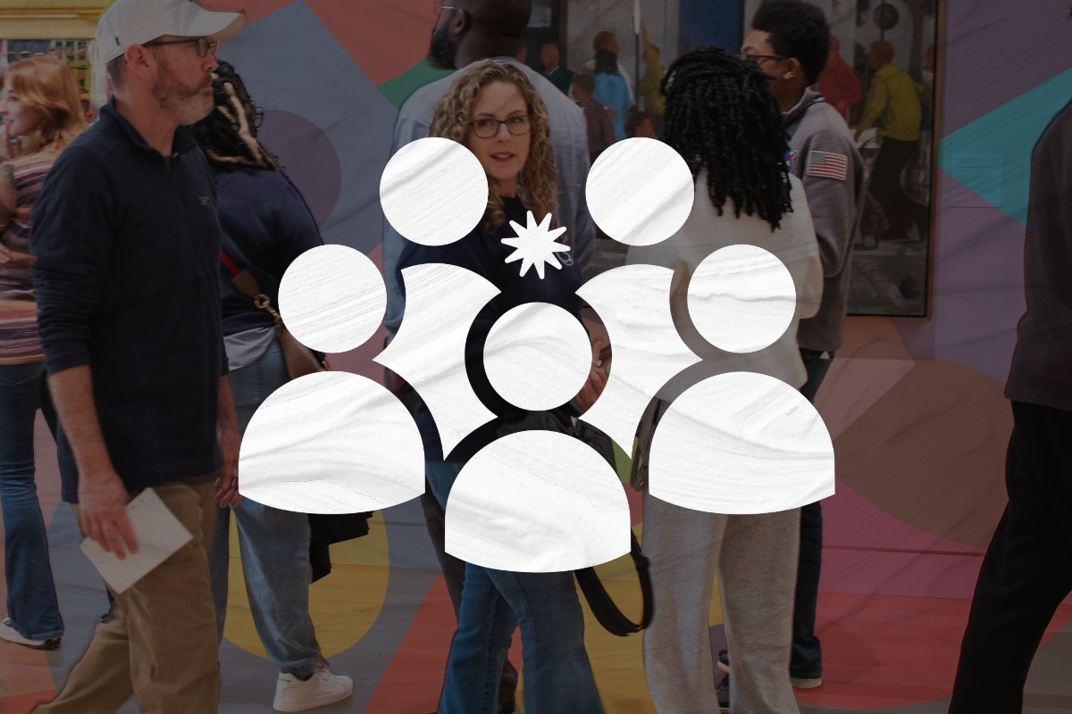 Graphic of a group of figures where the middle figure has a star on their head with a darkened underlay of a photo of people walking in an art gallery.