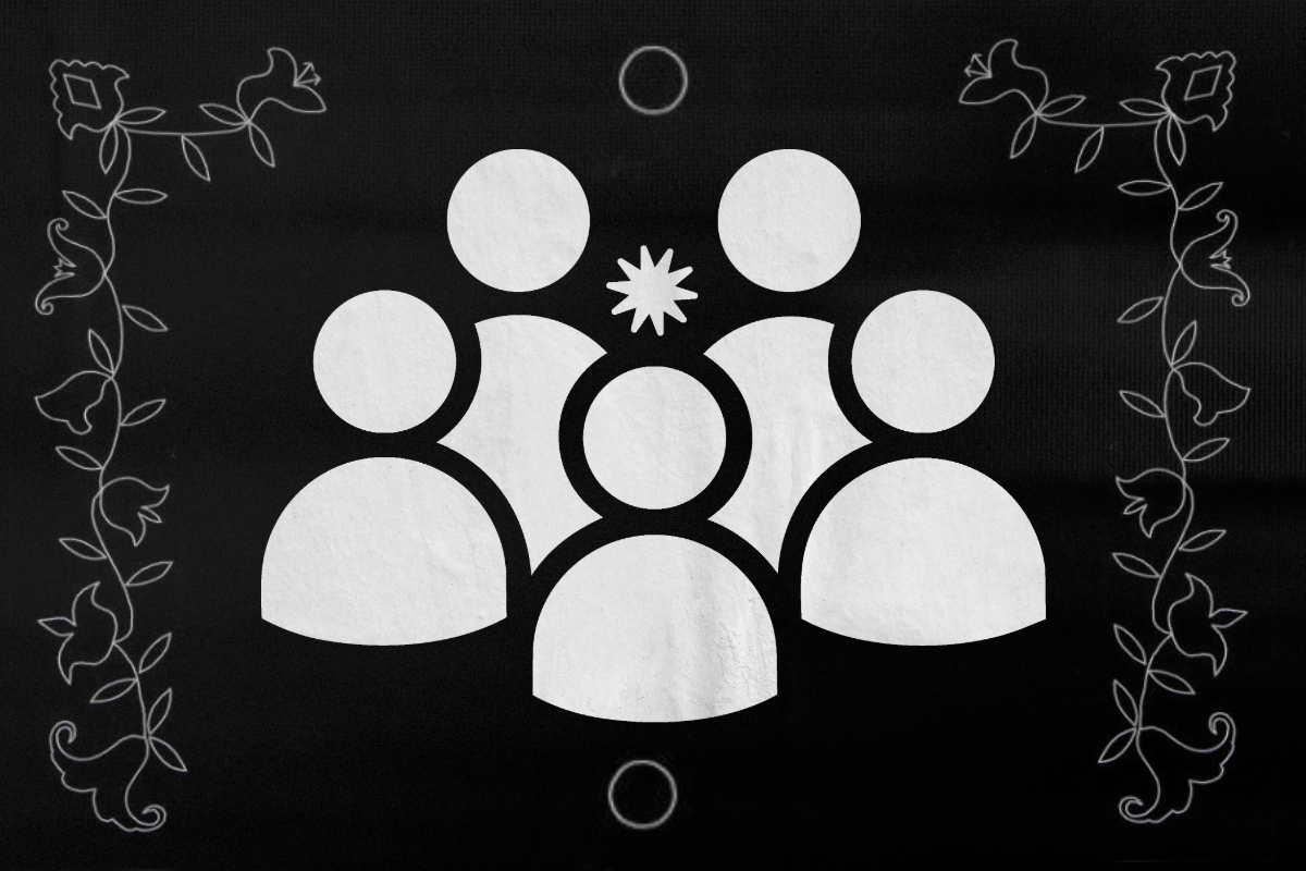 Graphic of a group of figures where the middle figure has a star on their head with a darkened underlay of embroidery around the figures.