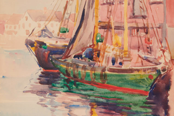 Detail of a vibrant and colorful watercolor painting of a green boat with a red stripe on the water in a pink-tinged sunset with buildings behind it.