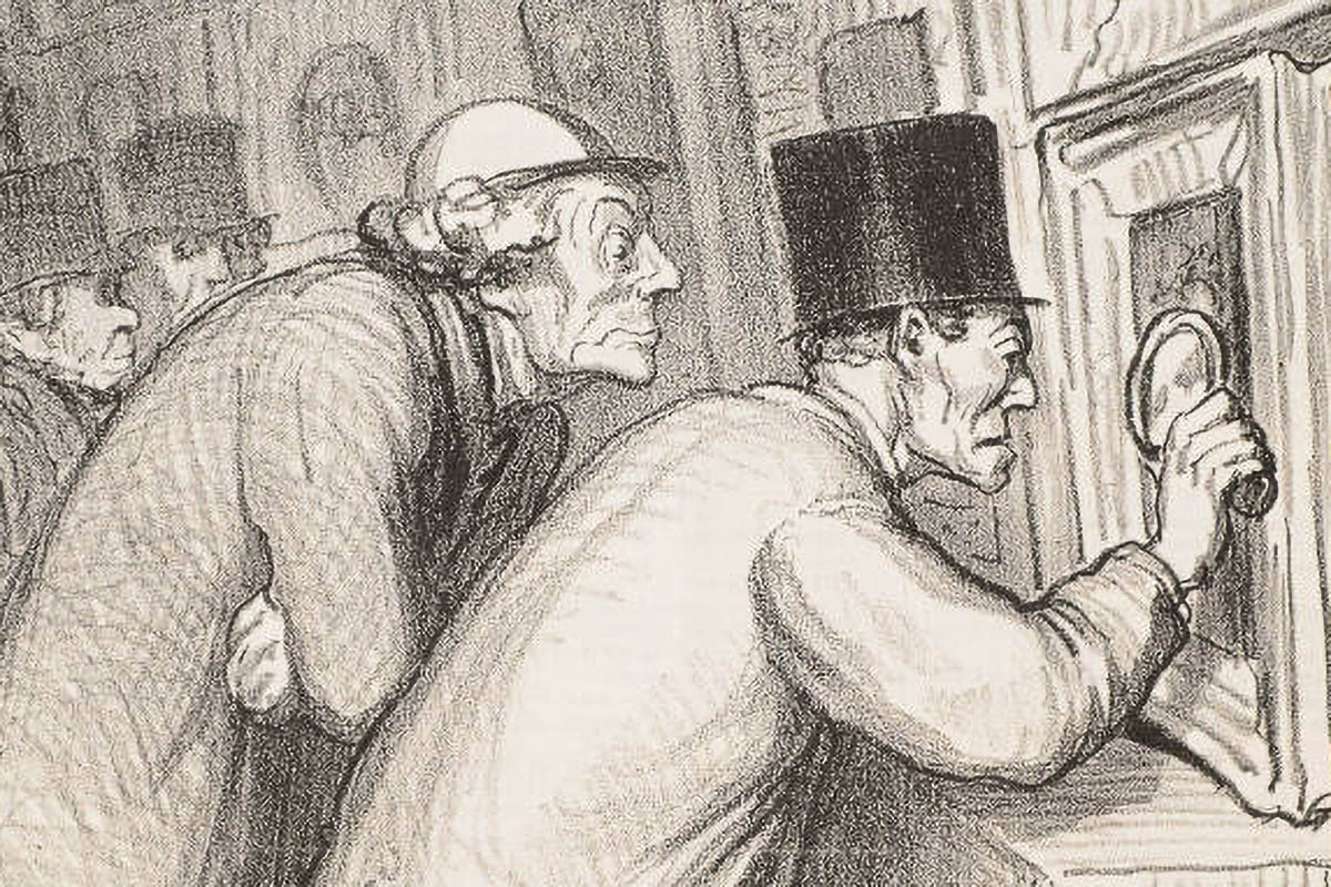 Lithograph of two elderly men looking closely at an artwork with a magnifying glass by Honore Daumier.